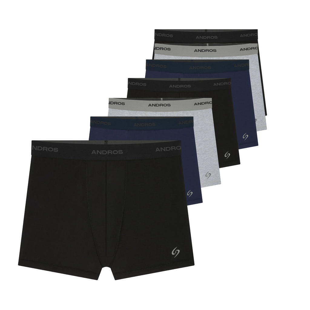 Andros Foundation seven pack in Noir, Slate, Deepsea flatlay view.